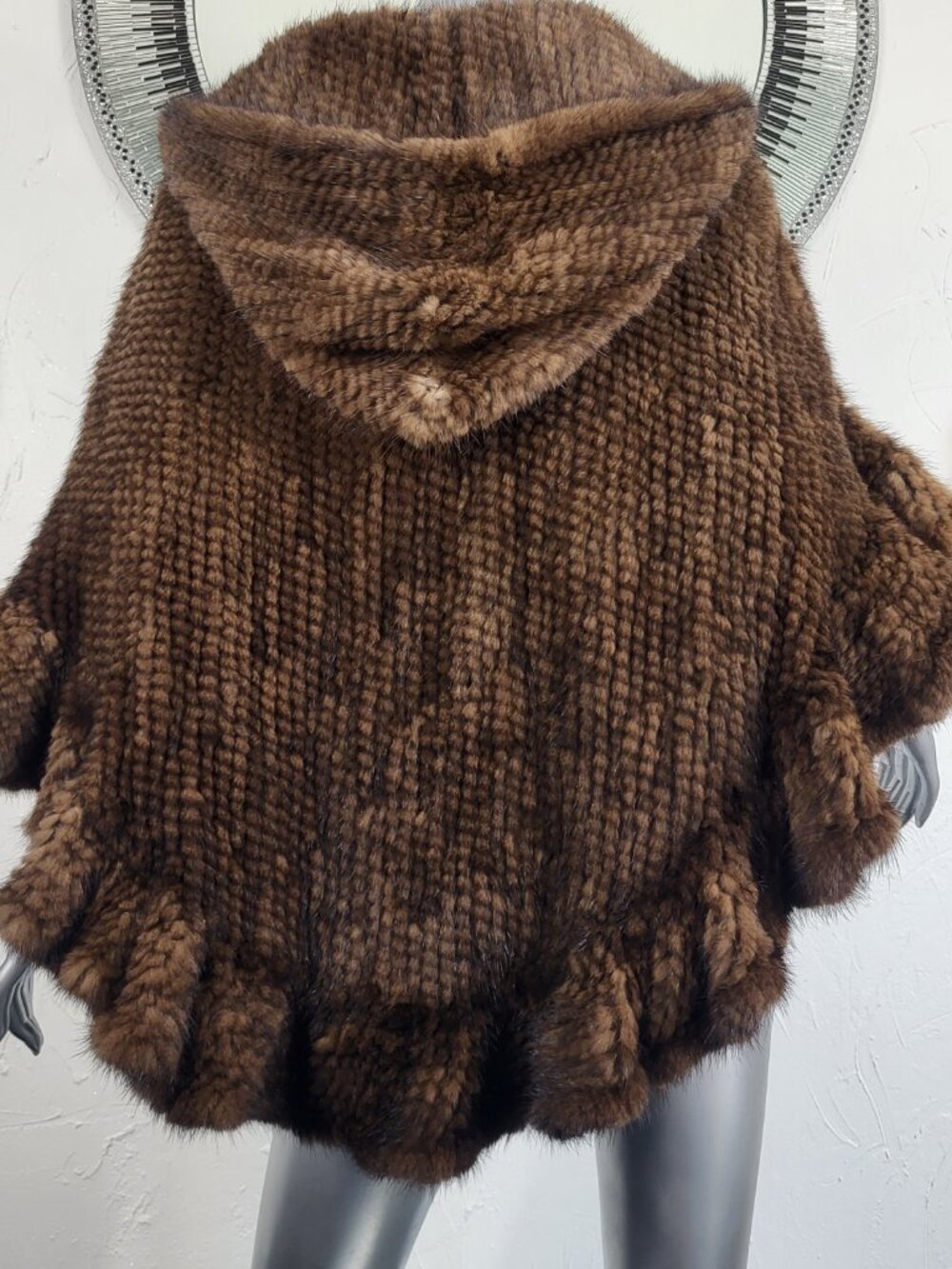 HOODED KNITTED BROWN RANCH MAHOGANY GENUINE REAL MINK FUR PONCHO CAPE WRAP COAT